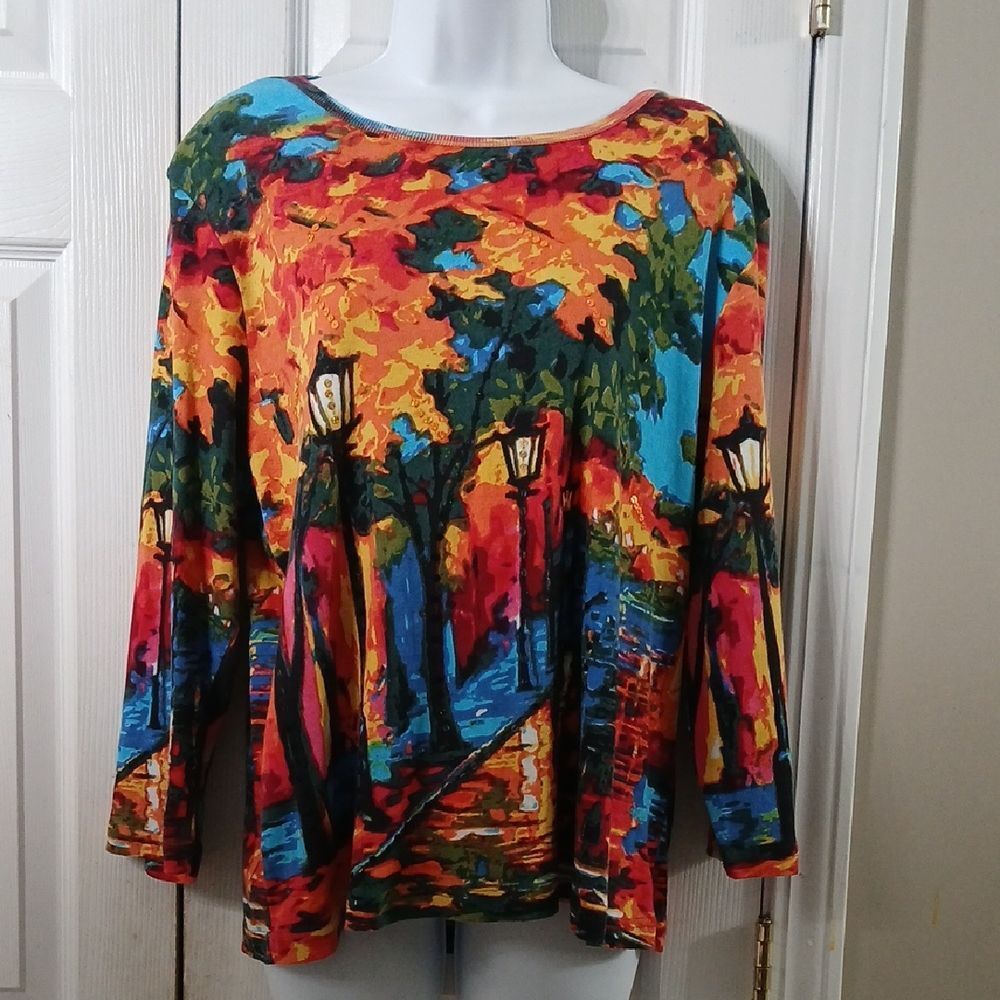 Serengeti Colorful Abstract sequin Print Women's Top Sz L NWOT